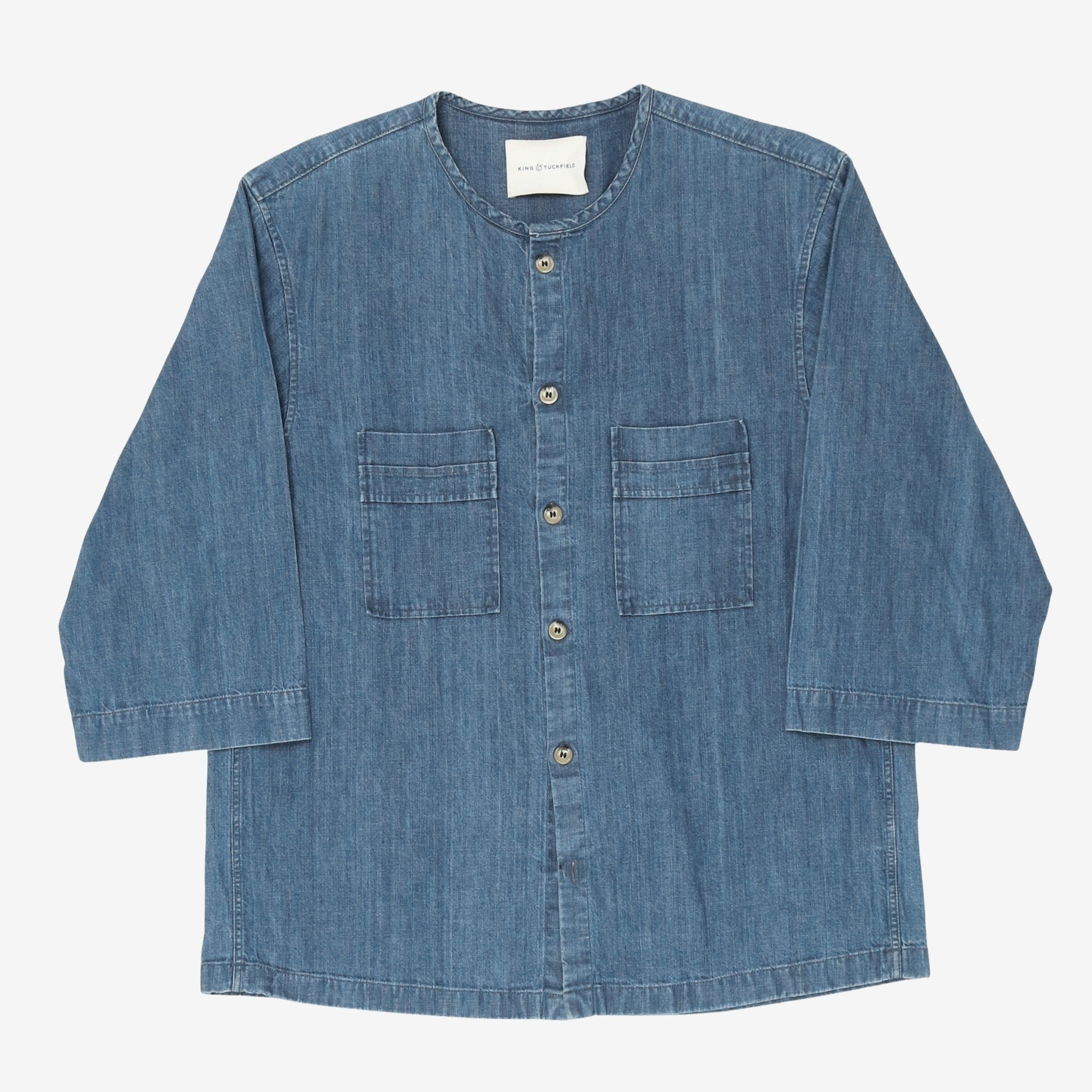 Collarless 3/4 Sleeve Denim Shirt