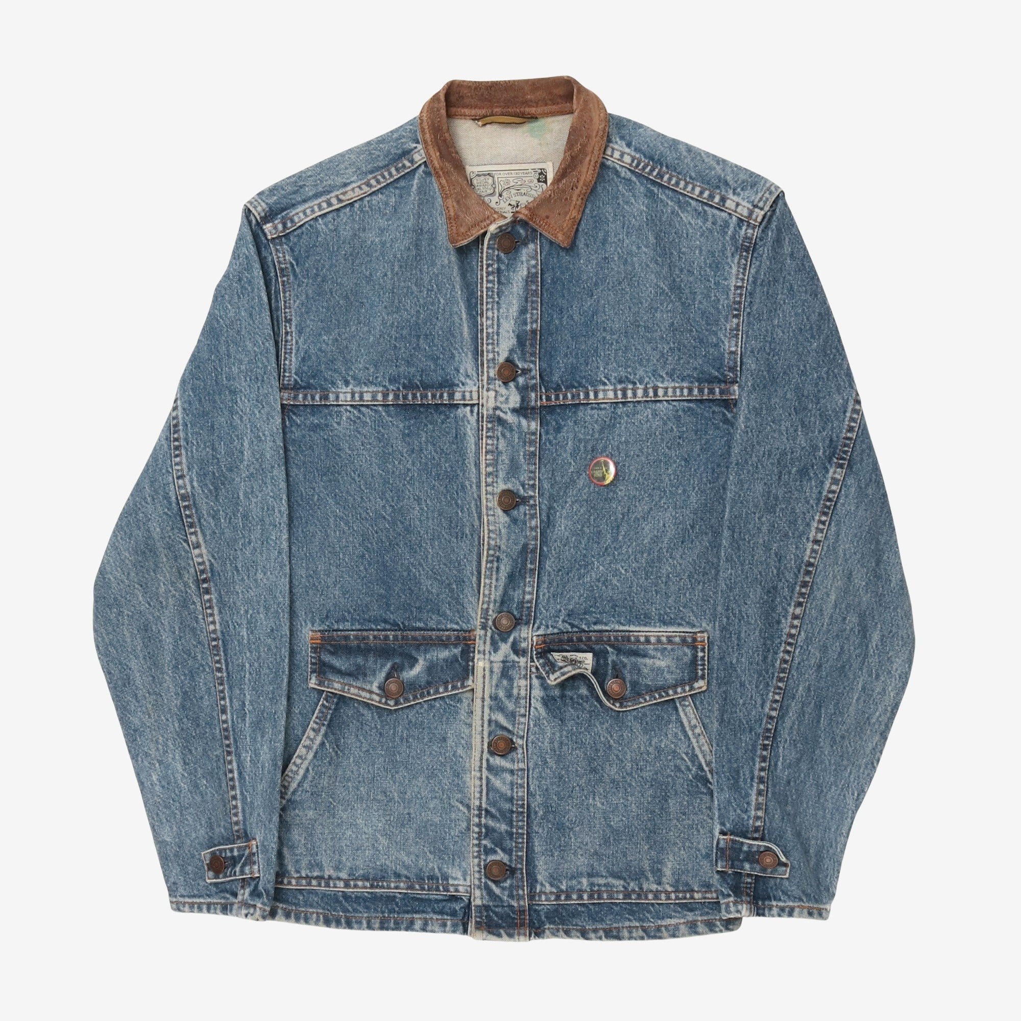 Vintage 80s Leather Collar Denim Chore Jacket