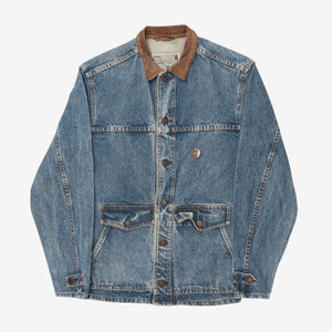 Vintage 80s Leather Collar Denim Chore Jacket