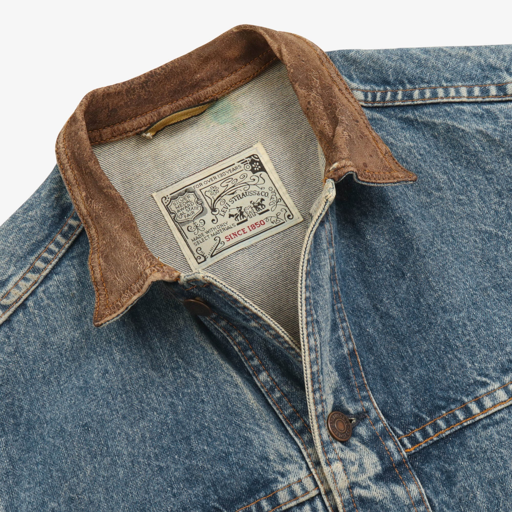 Vintage 80s Leather Collar Denim Chore Jacket