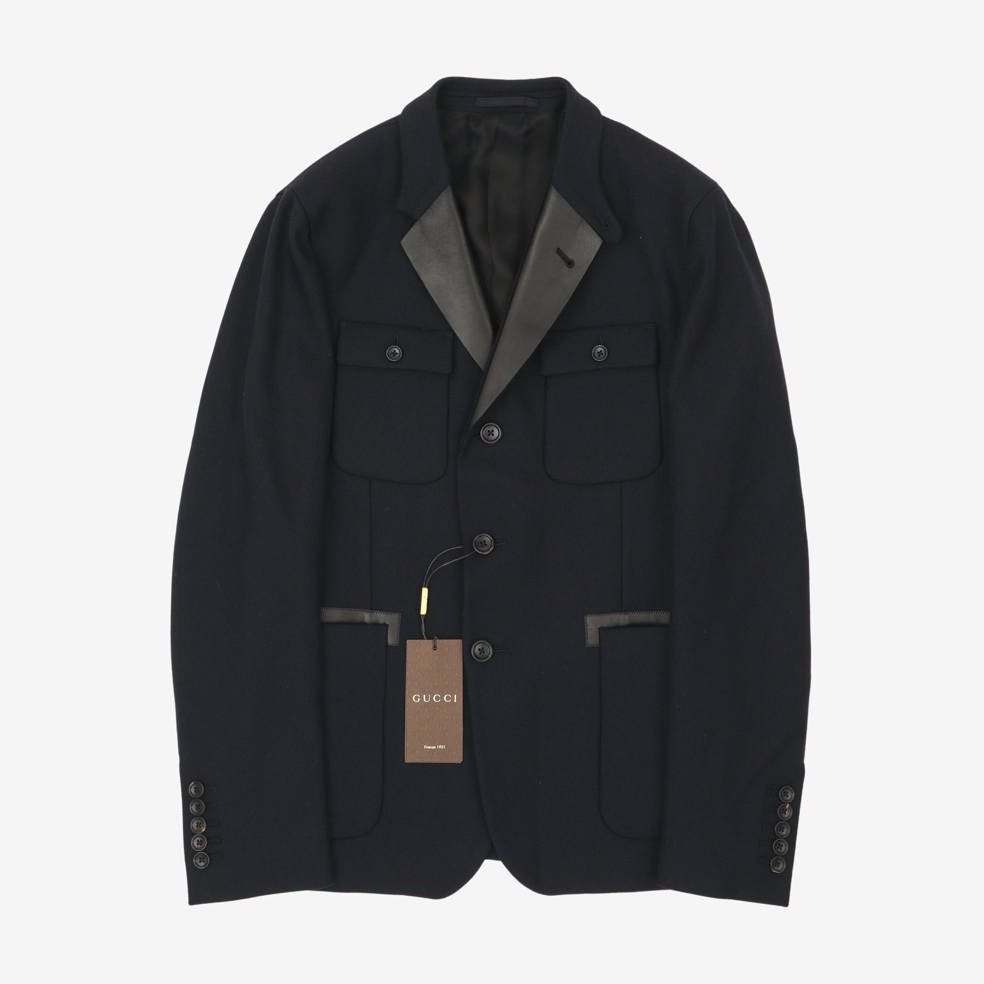 Leather Trim Wool Blazer