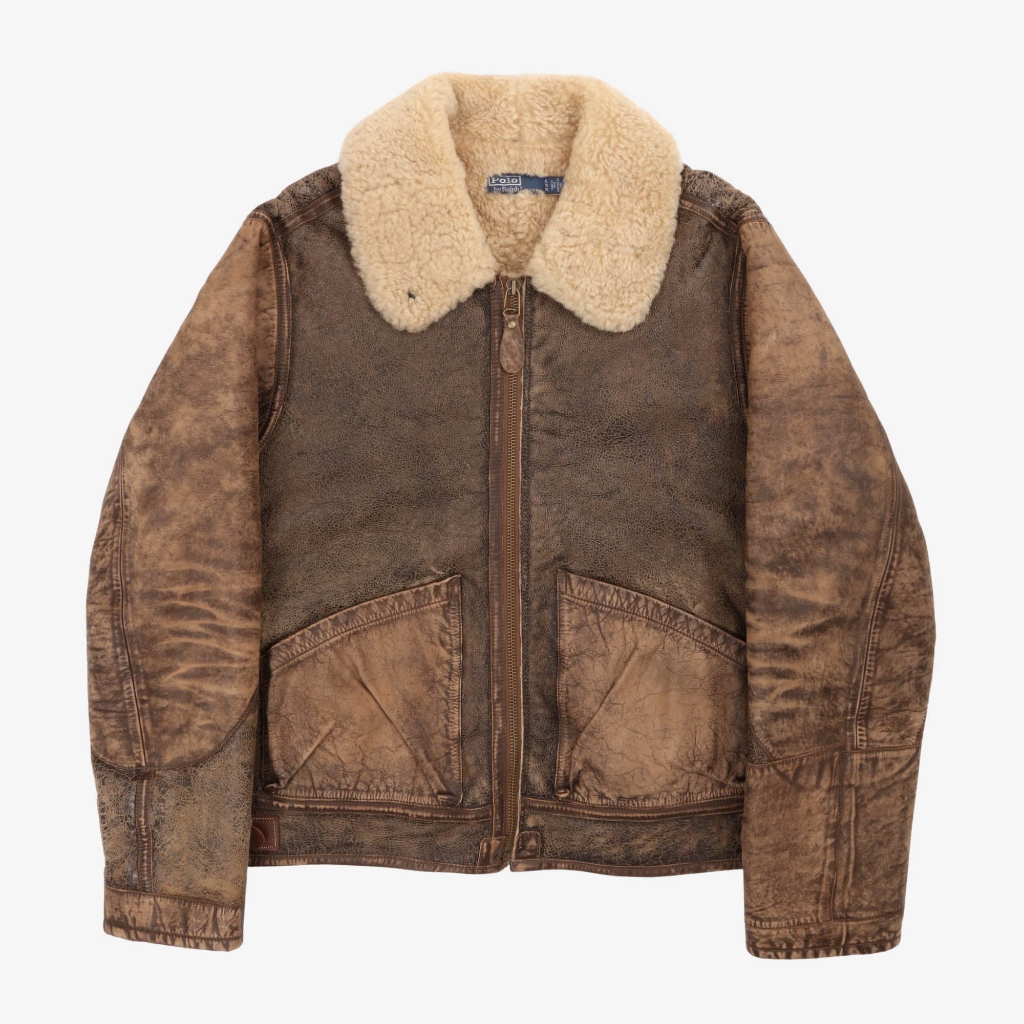 Distressed Shearling Bomber Jacket